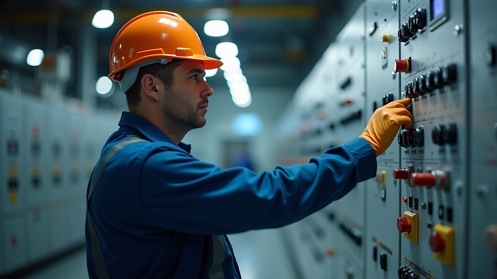 Eye-level view of a technician inspecting an energy control panel