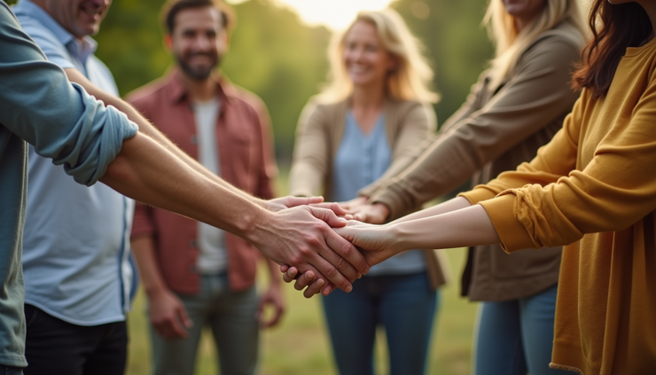 Eye-level view of a diverse group of ministry members holding hands in a circle outdoors