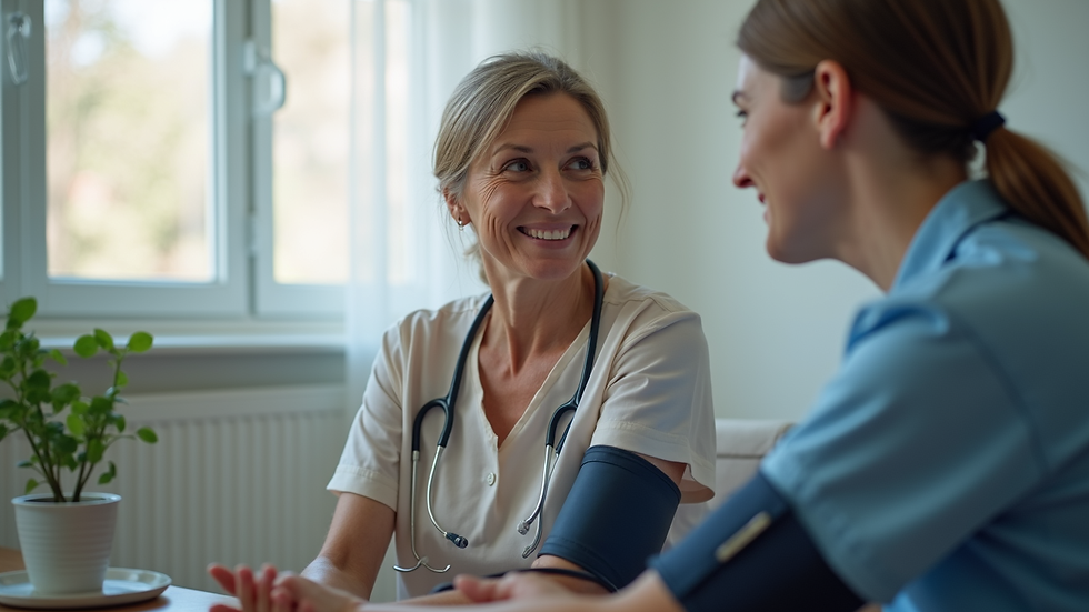 Close-up view of a nurse checking a patient’s blood pressure during a home visit