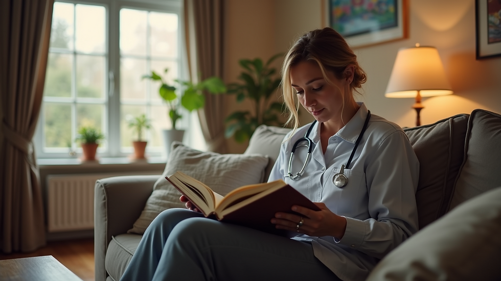 Eye-level view of a cozy living room with a caregiver reading a book