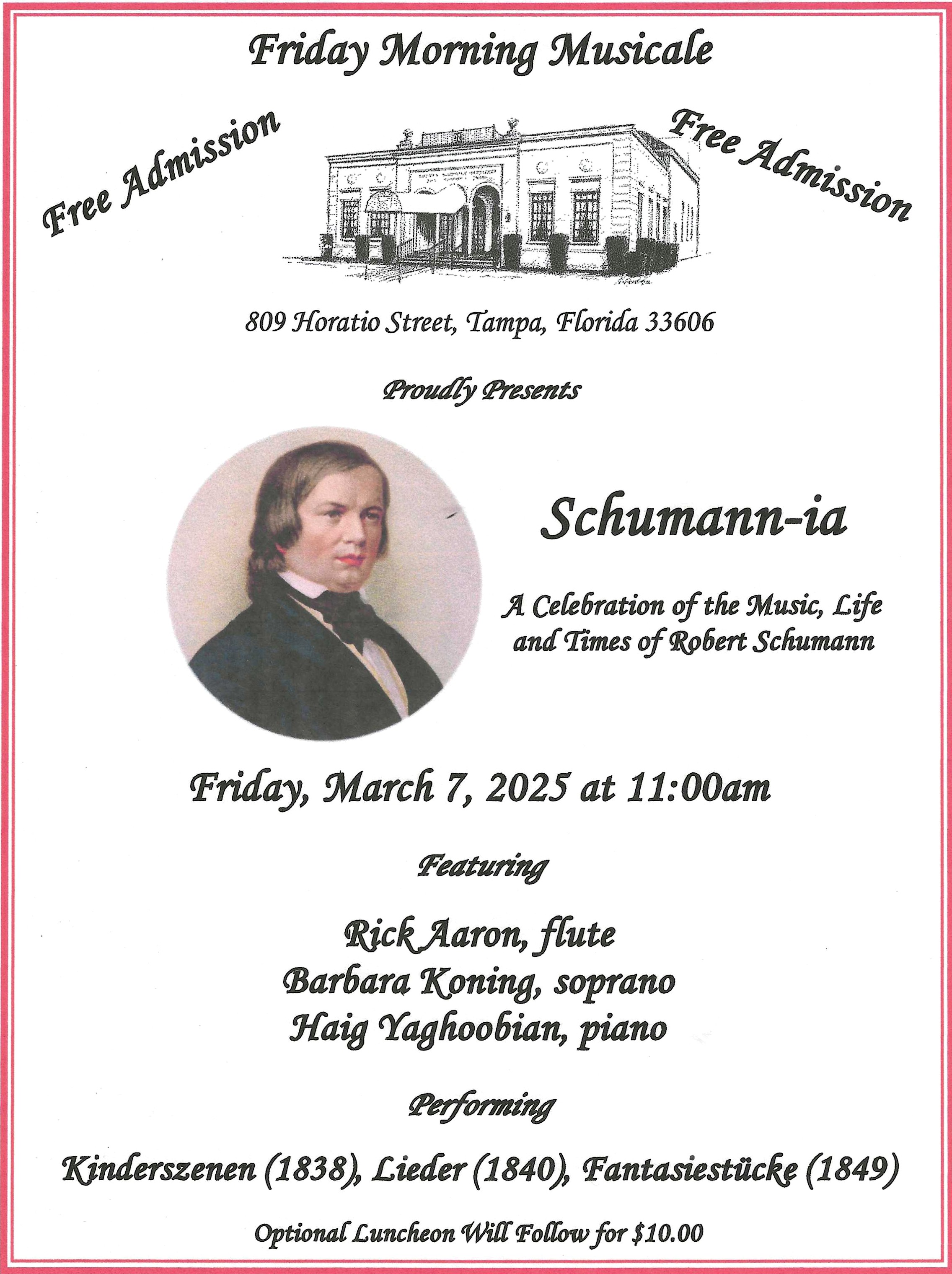 Poster for Schumann-ia, featuring Rick Aaron, Barbara Koning, and Haig Yaghoobian.