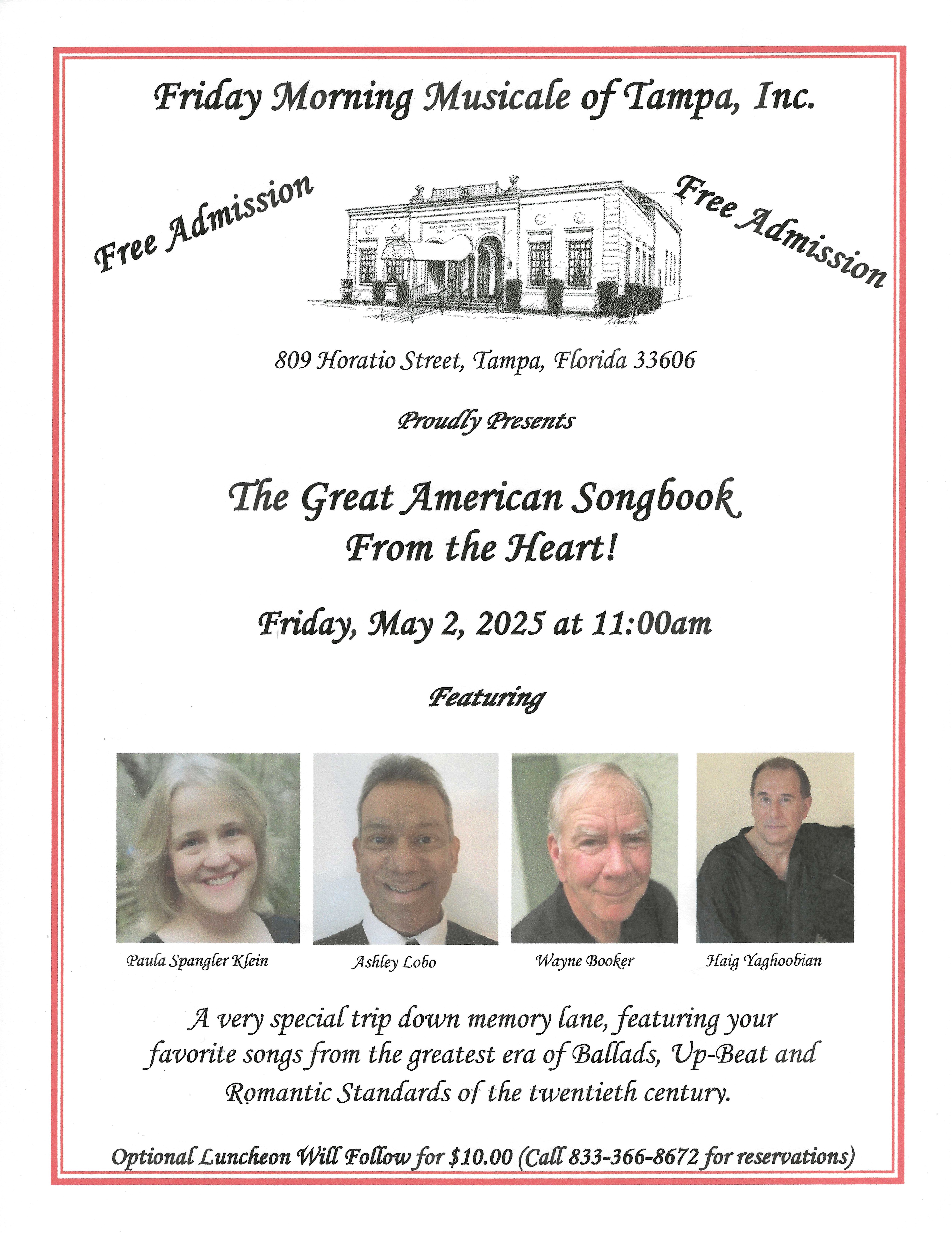 Poster for The Great American Songbook: From the Heart!, featuring Paula Spangler Klein, Ashley Lobo, Wayne Booker, and Haig Yaghoobian.