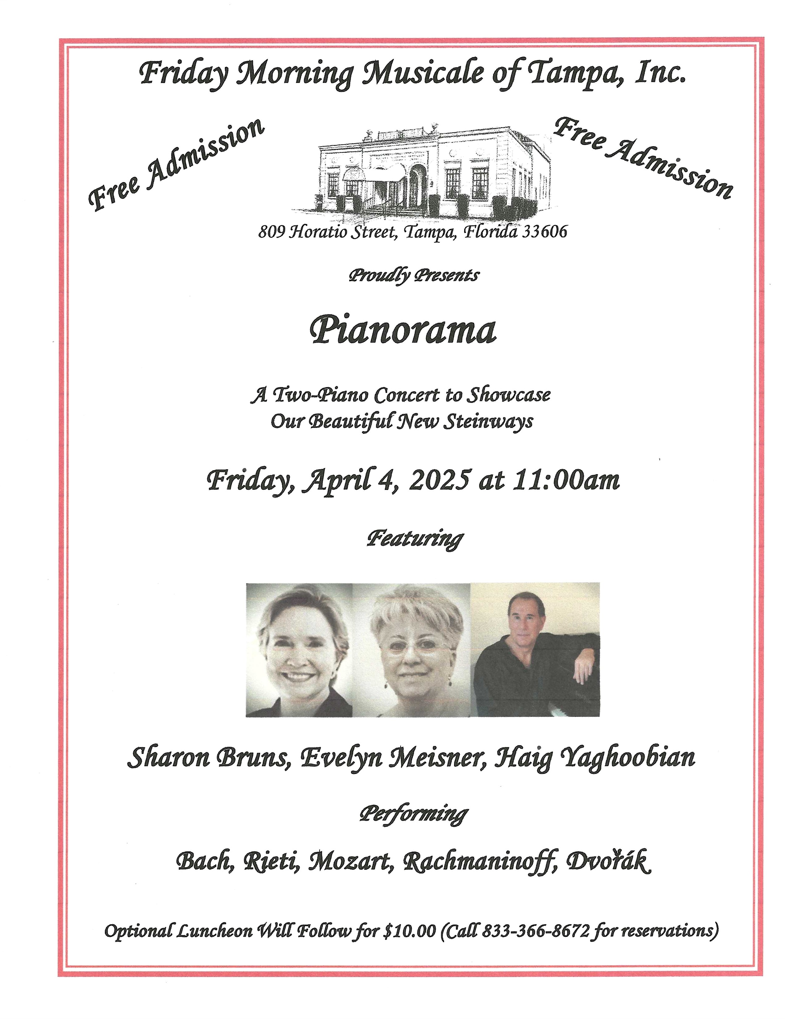 Poster for Pianorama, featuring Sharon Bruns, Evelyn Meisner, and Haig Yaghoobian.
