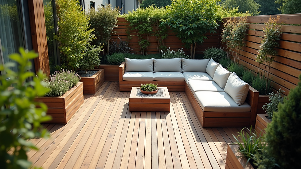 High angle view of a compact deck with built-in seating and integrated planters