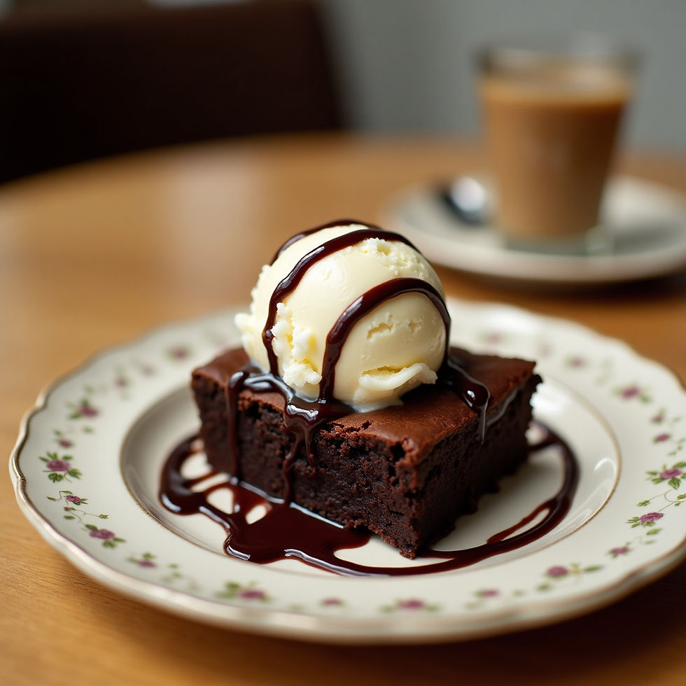 Brownie de chocolate com nozes e sorvete na forma metálica, com topo craquelado e pedaços visíveis, luz quente de cozinha.