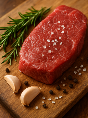 Close-up de tigela de cerâmica com mistura colorida de temperos para dry rub (páprica, cominho, alho em pó) ao lado de bife cru parcialmente coberto com o tempero.