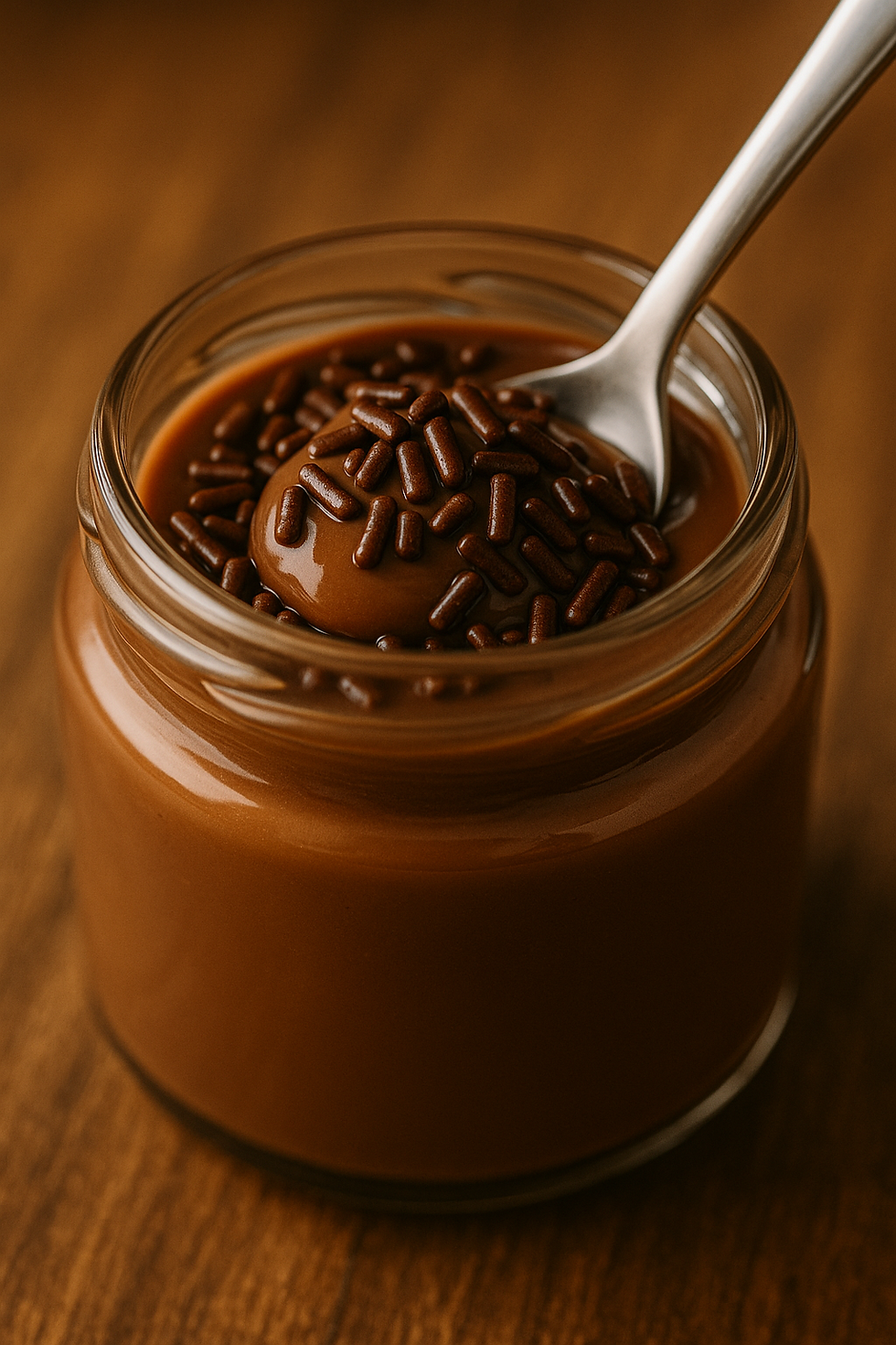 Close-up de pote de vidro com brigadeiro de colher cremoso, granulado de chocolate por cima e colher mergulhada, sobre fundo de madeira quente.