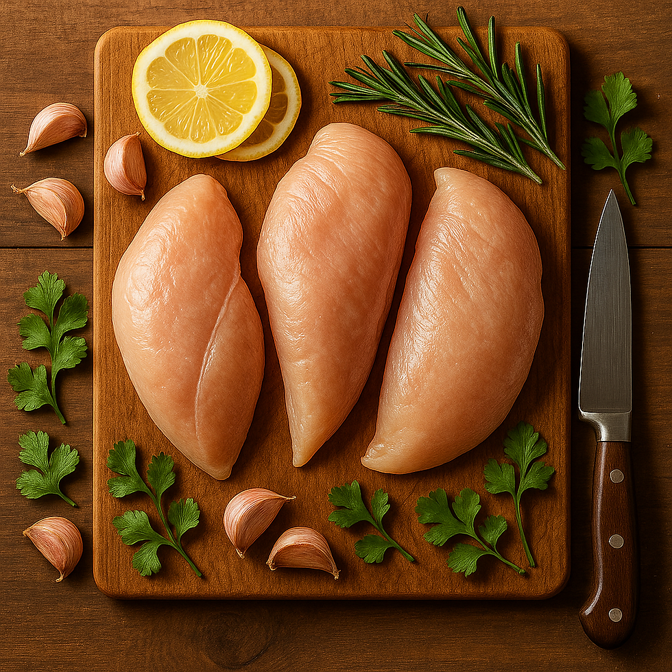 Fotografia em visão superior de três filés de frango cru sobre tábua de madeira, com alho, rodelas de limão, ervas frescas e faca de chef ao lado.