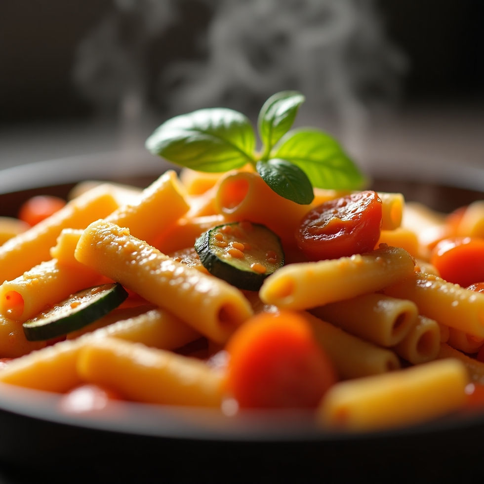 Macarrão penne de uma panela com legumes, finalizado com manjericão fresco, servido em um prato