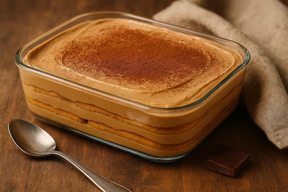 Close-up de uma sobremesa estilo tiramisù montada em camadas, com creme de mascarpone e biscoitos embebidos em café, servida em travessa de vidro sobre superfície rústica.