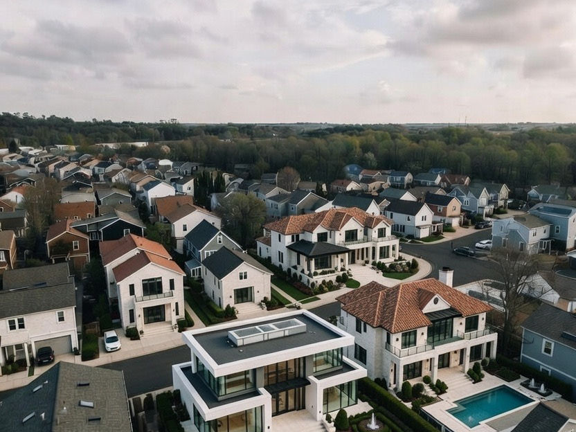 Overhead view of suburban homes with various roof types and roofing marketing solutions