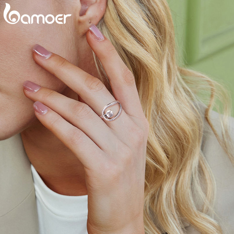BAMOER 0.5CT Circle Swirl Moissanite Ring D Color Lab Diamond Designful Engageme
