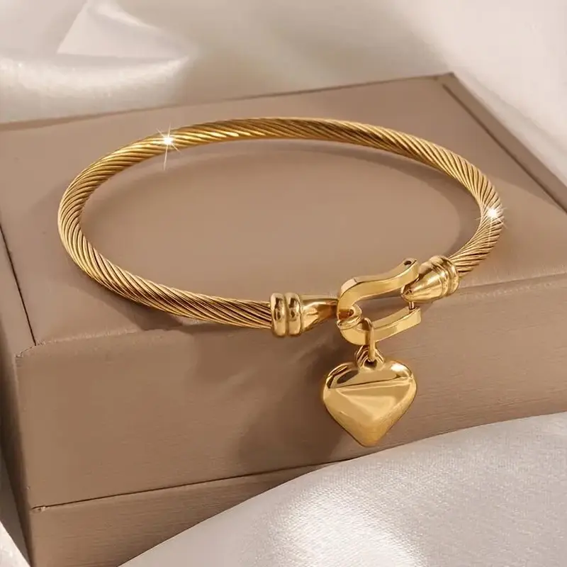 18k Gold Color Stainless Steel Heart Pendant Charm Bangle Bracelets for Men Wome