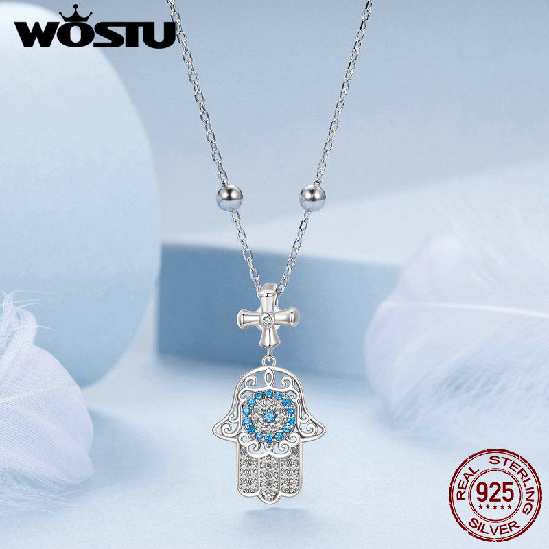 WOSTU 925 Sterling Silver Original Evil Eye Fatima Hamsa Pendant Necklace For Wo