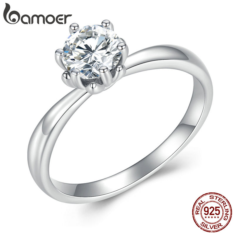 BAMOER 0.8CT Round Moissanite 14K Gold Plated Ring for Women D Color VVS1 EX Lab
