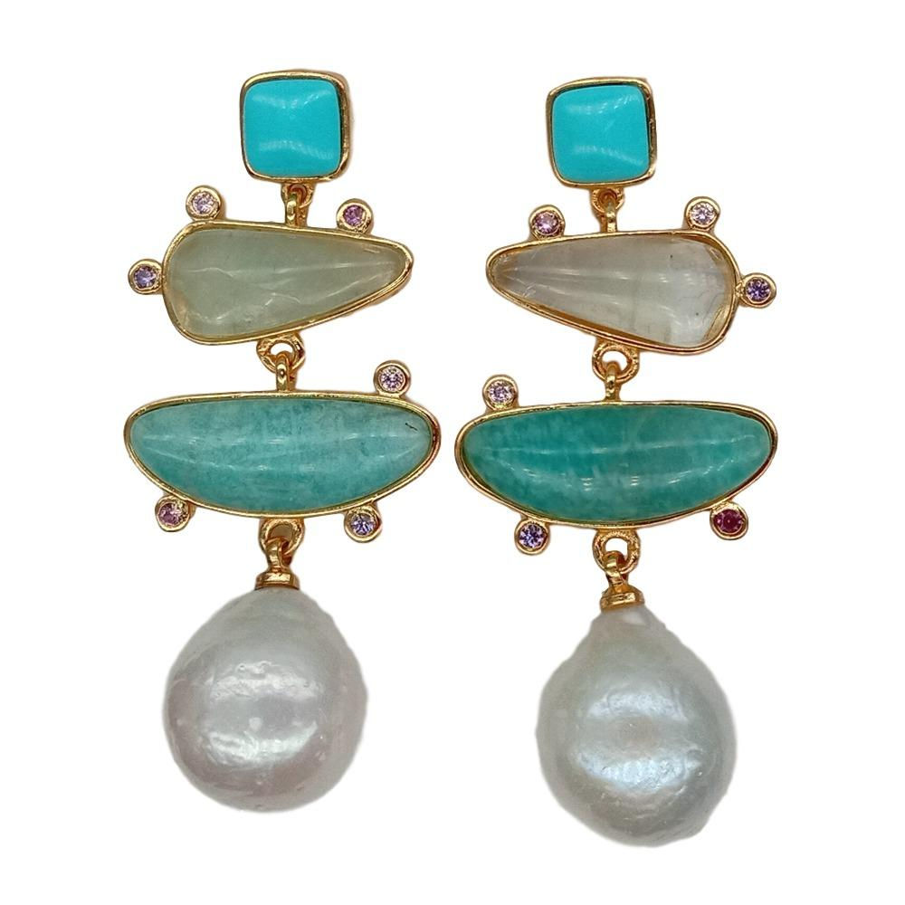 YYGEM Natural Geometric Turquoise Amazonite Prehnite Freshwater White Pearl Stud