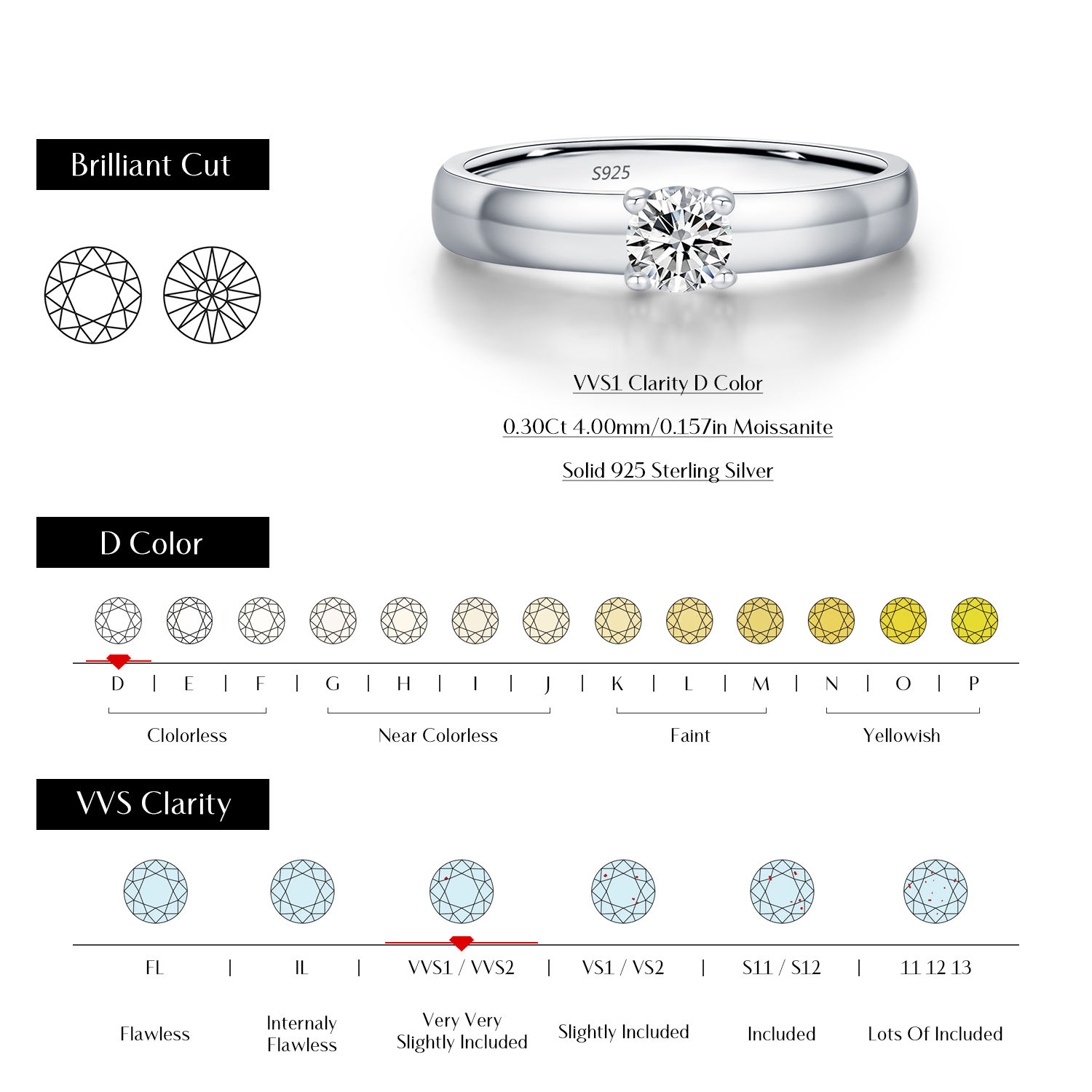 MODIAN D Color Round Moissanite Rings 925 Sterling Silver Fashion Simple Ring Fo