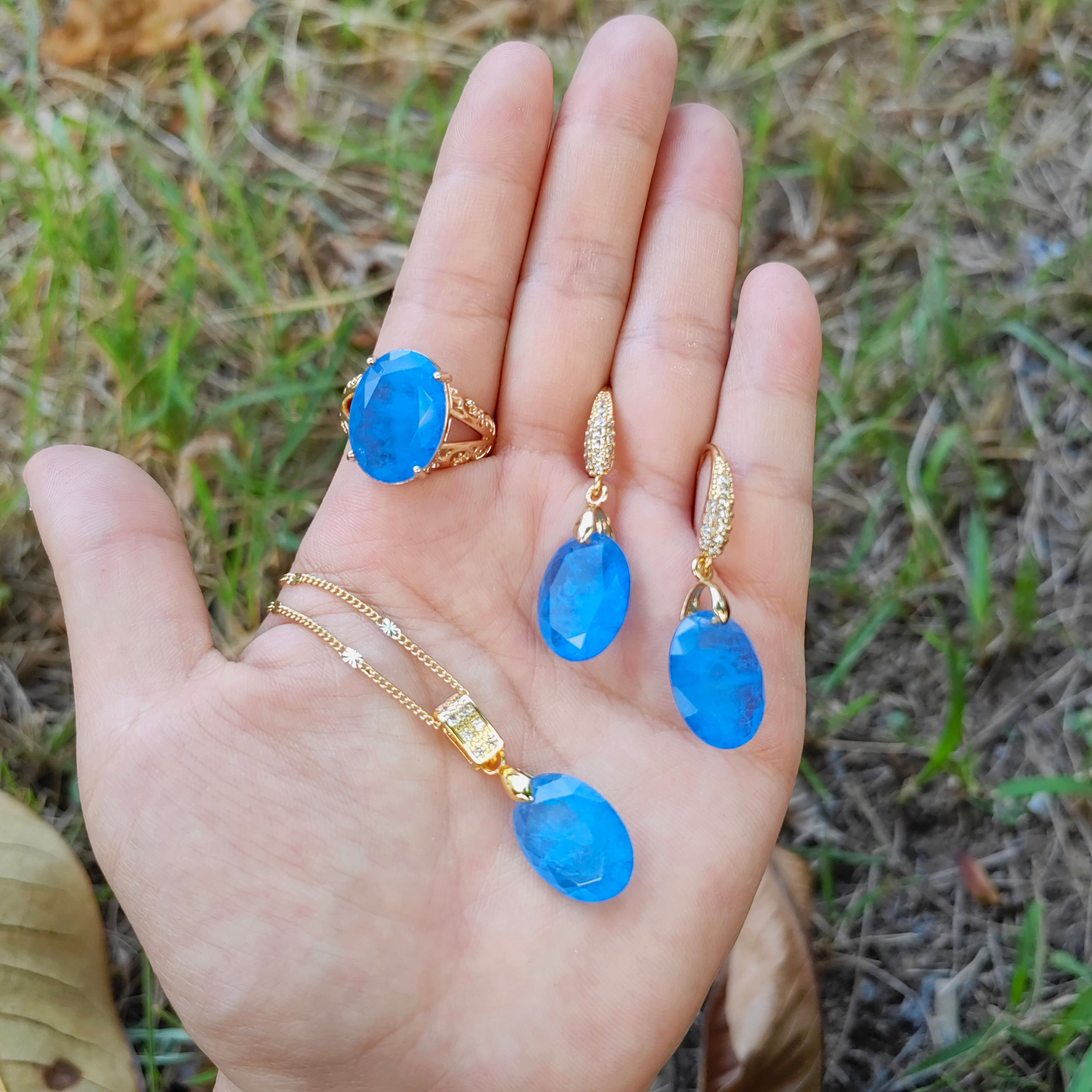 Oval Blue Crystal Fusion Stone Back Is Natural Crystal Stone Necklace Earrings R
