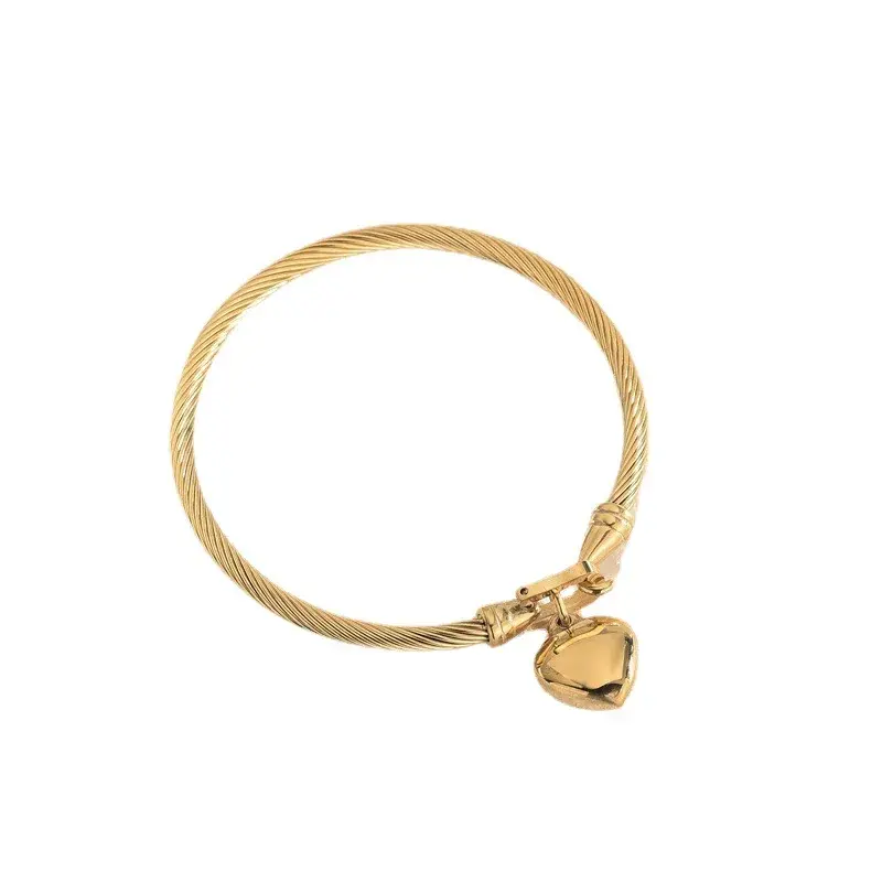 18k Gold Color Stainless Steel Heart Pendant Charm Bangle Bracelets for Men Wome