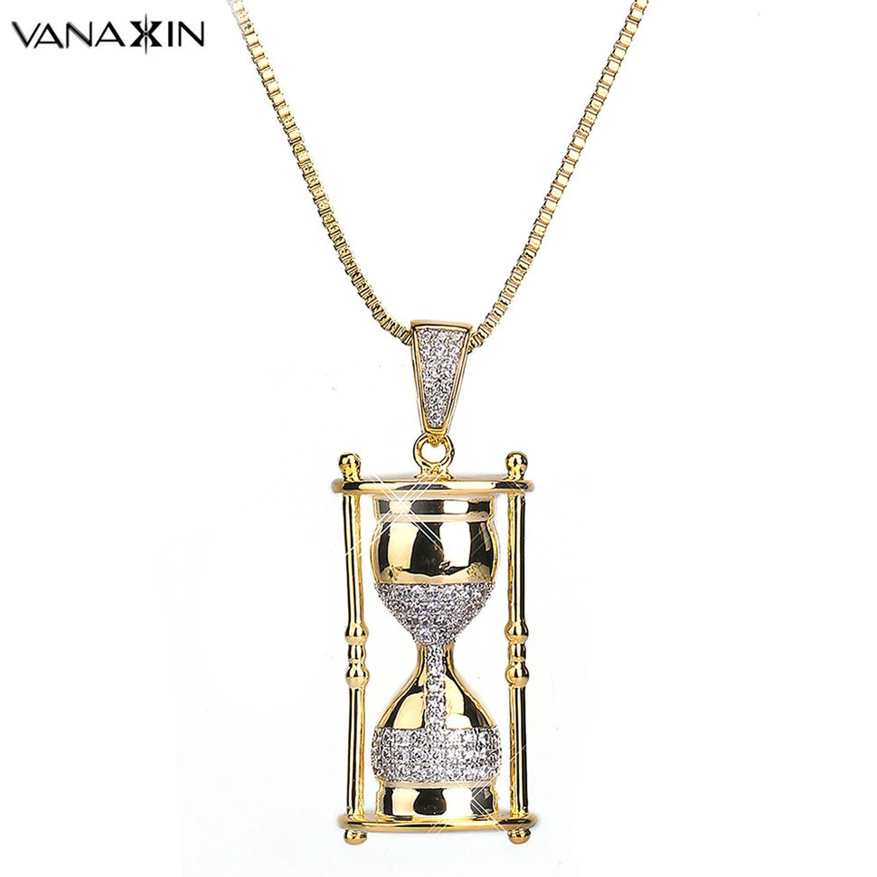 VANAXIN Iced Out Hourglass Pendants Hip Hop Necklaces for Men Shiny Cubic Zircon