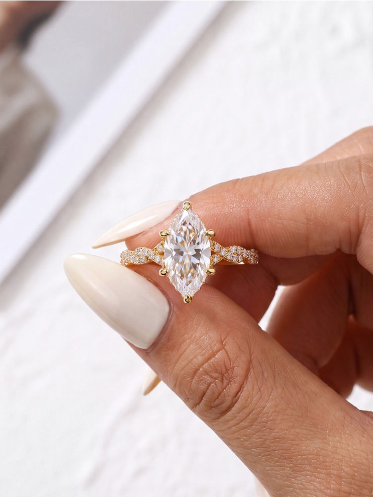 925 Sterling Silver Fashion Real 2CT Marquise Moissanite Diamond Wedding Ring En