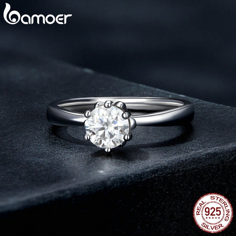 BAMOER 0.8CT Round Moissanite 14K Gold Plated Ring for Women D Color VVS1 EX Lab