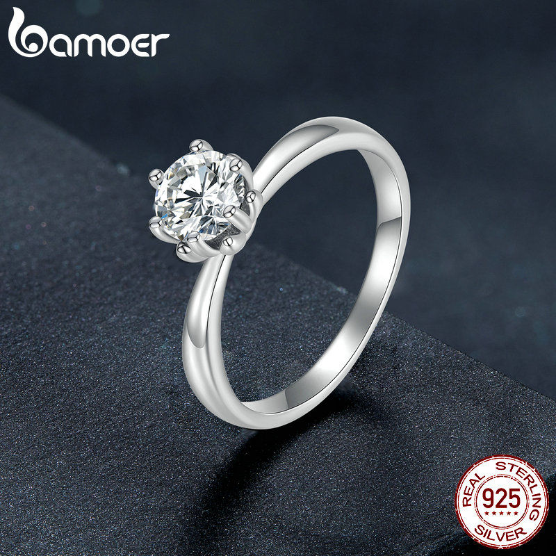 BAMOER 0.8CT Round Moissanite 14K Gold Plated Ring for Women D Color VVS1 EX Lab