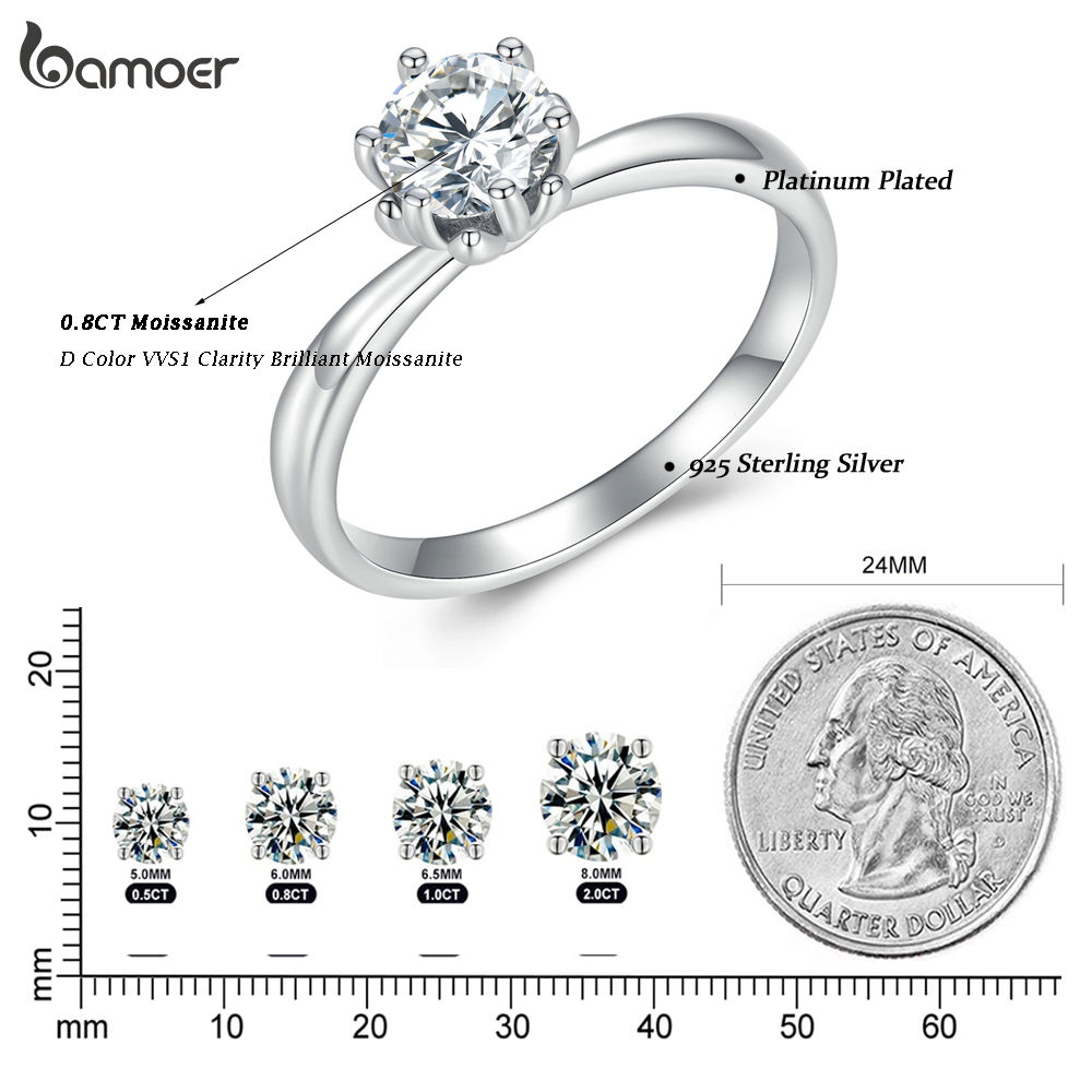 BAMOER 0.8CT Round Moissanite 14K Gold Plated Ring for Women D Color VVS1 EX Lab