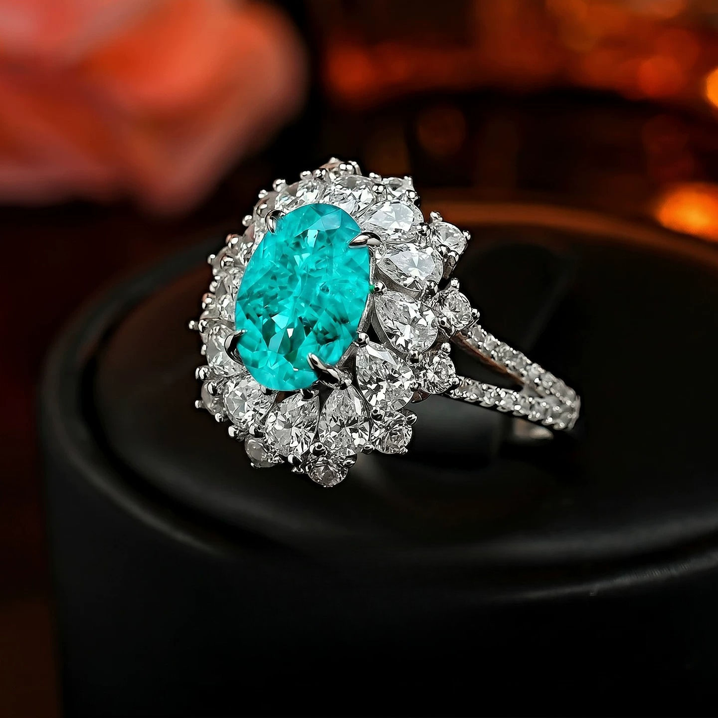 S925 Silver Ring 2ct Neon Blue Green Zircon Ring Double Layer Surrounding Luxury