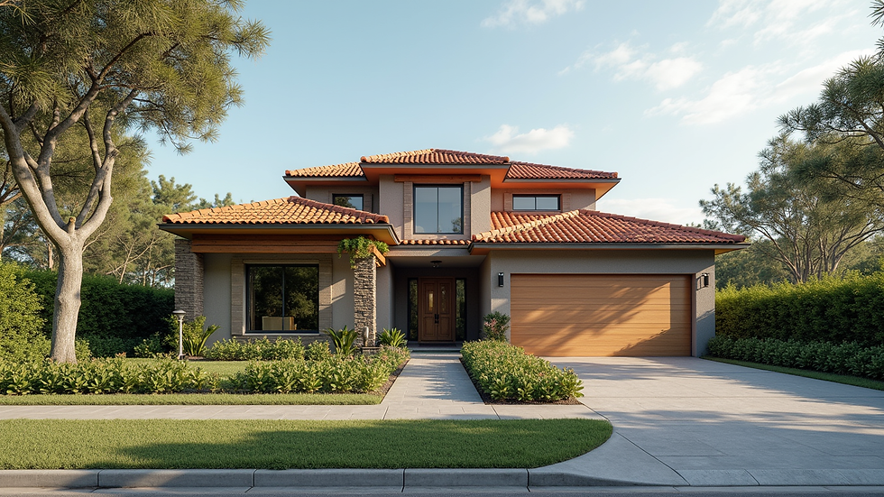 Vista frontal de casa de madeira com janelas amplas e proteção solar