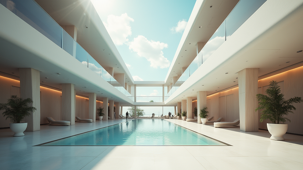 Wide angle view of a futuristic architectural visualization with mixed reality elements