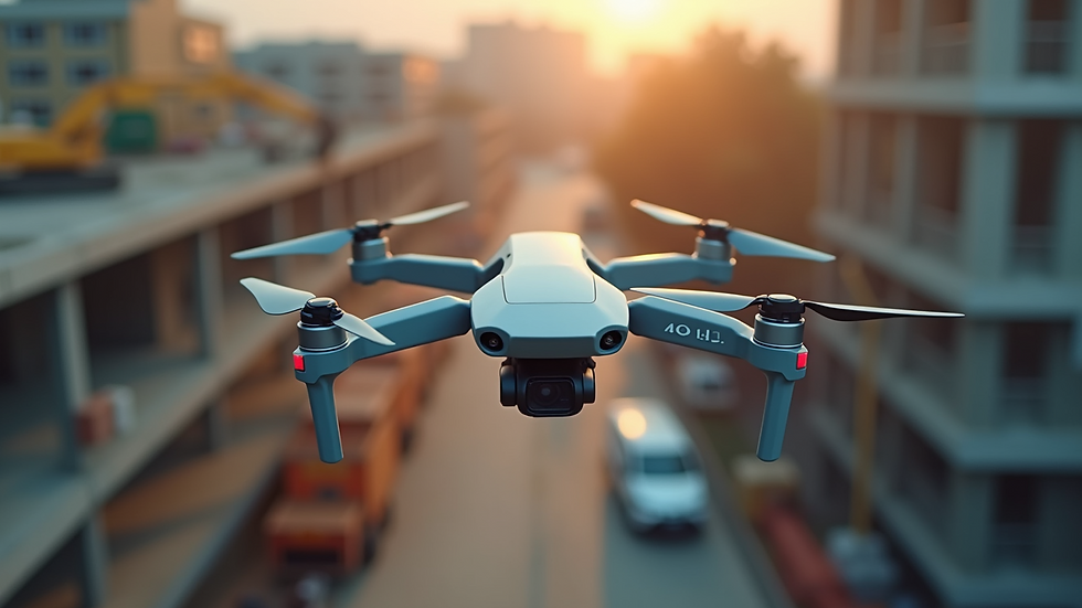 High angle view of a drone capturing aerial images of a construction site