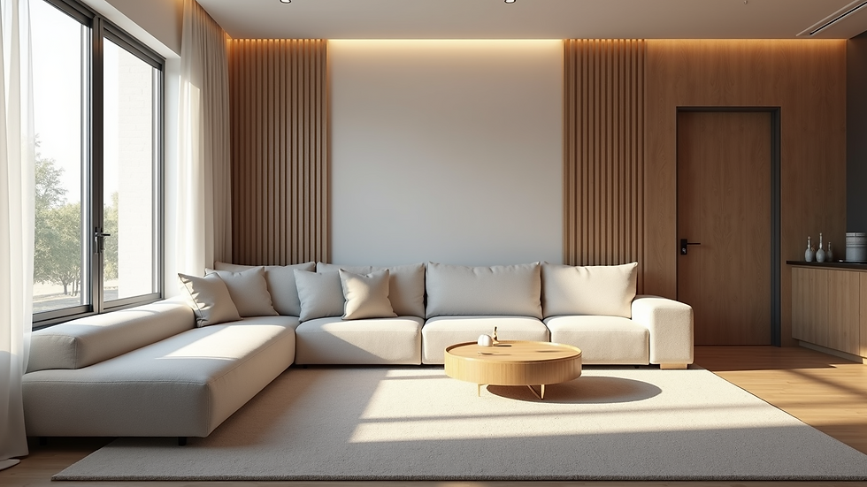 Close-up view of a photorealistic 3D rendering of a modern living room