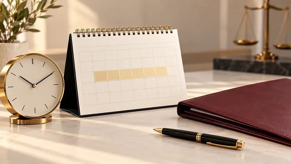 Relógio, calendário sem marcações e pasta de documentos sobre uma mesa de trabalho.