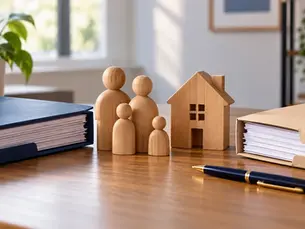 Figuras de família e casa em madeira entre pastas de documentos, ilustrando a conferência do cadastro familiar.