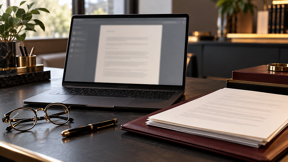 Notebook com documento na tela, óculos e papéis sobre mesa, representando a consulta à decisão do INSS.