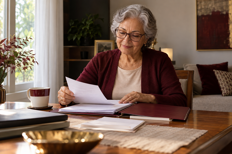 Mulher idosa de óculos lê uma folha à mesa, com outros documentos e uma xícara ao lado.