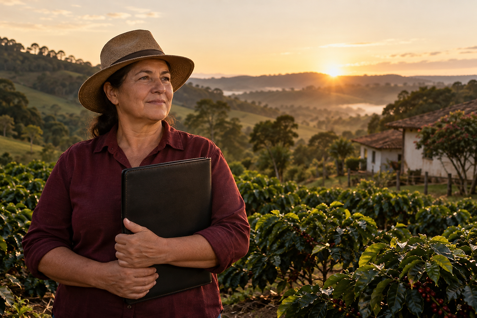 Mulher de chapéu segura uma pasta em meio a uma plantação, com casa rural e pôr do sol ao fundo.