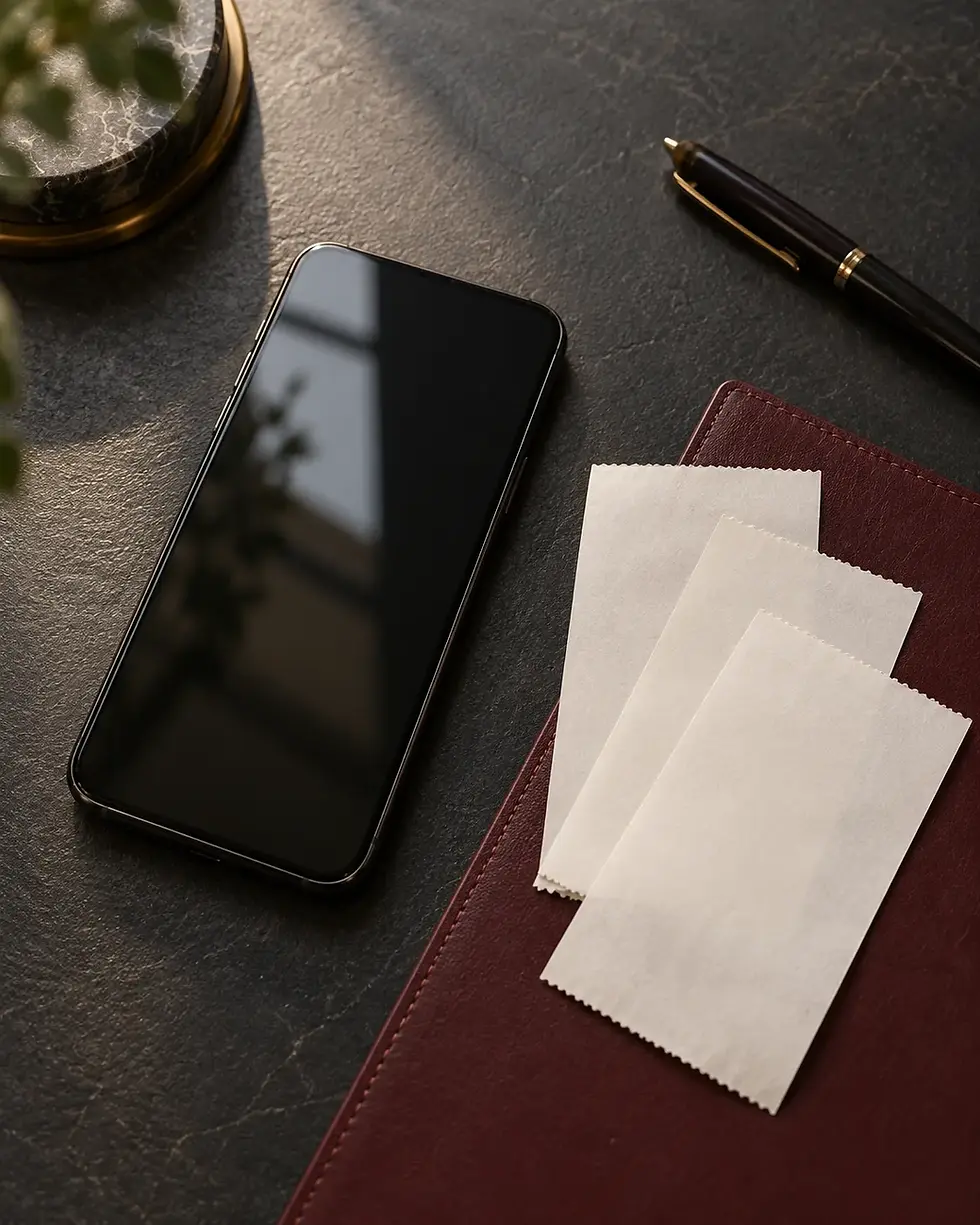 Celular com a tela apagada ao lado de comprovantes em branco e uma caneta sobre mesa escura.