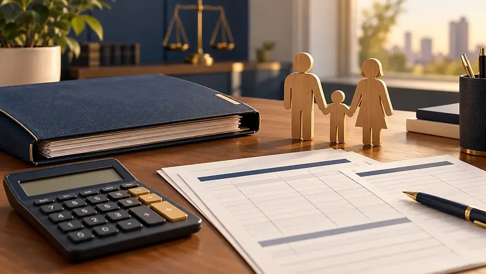 Ilustração de documentos, calculadora e figuras de família para organizar a revisão da pensão alimentícia.