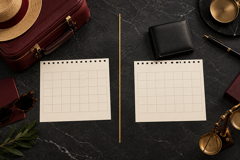 Dois calendários sem inscrições separados entre uma mala de viagem e uma carteira sobre mesa escura
