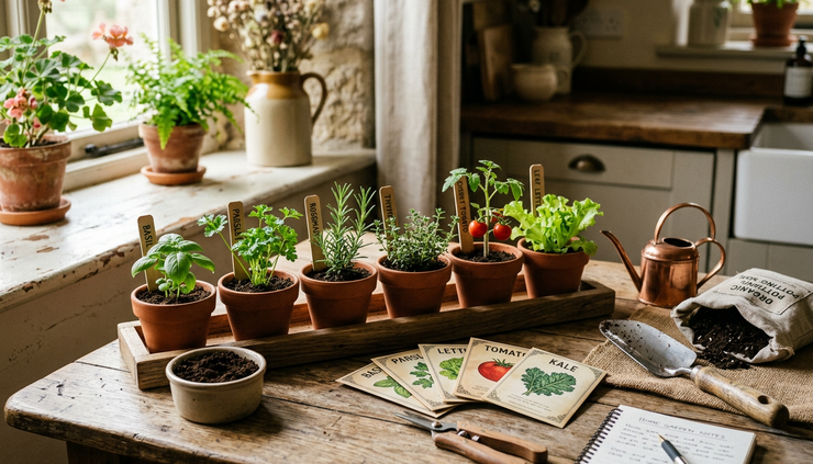 Eye-level view of small garden starter kits with herbs, soil, and seed packets on a kitchen table.