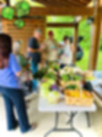 Locals gather around Kelton Adams and Pino Brock at the stand, selecting from a variety of fresh produce, including cabbages, broccoli, and squash.