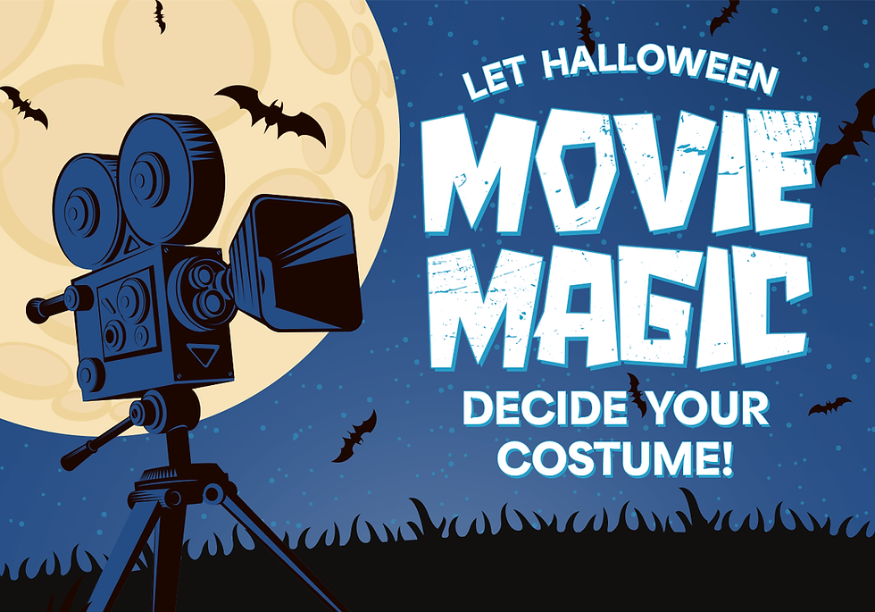 A camera against a background of a large full moon, surrounded by bats. The title, Let Halloween Movie Magic Decide Your Costume, is beside the camera in white text.