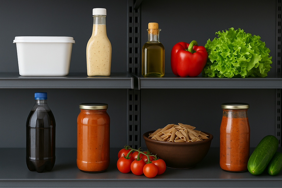 Félbevágott szupermarket polc: bal oldalon feldolgozott light termékek, jobb oldalon friss zöldségek, teljes kiőrlésű tészta és olívaolaj egészséges alternatívaként.