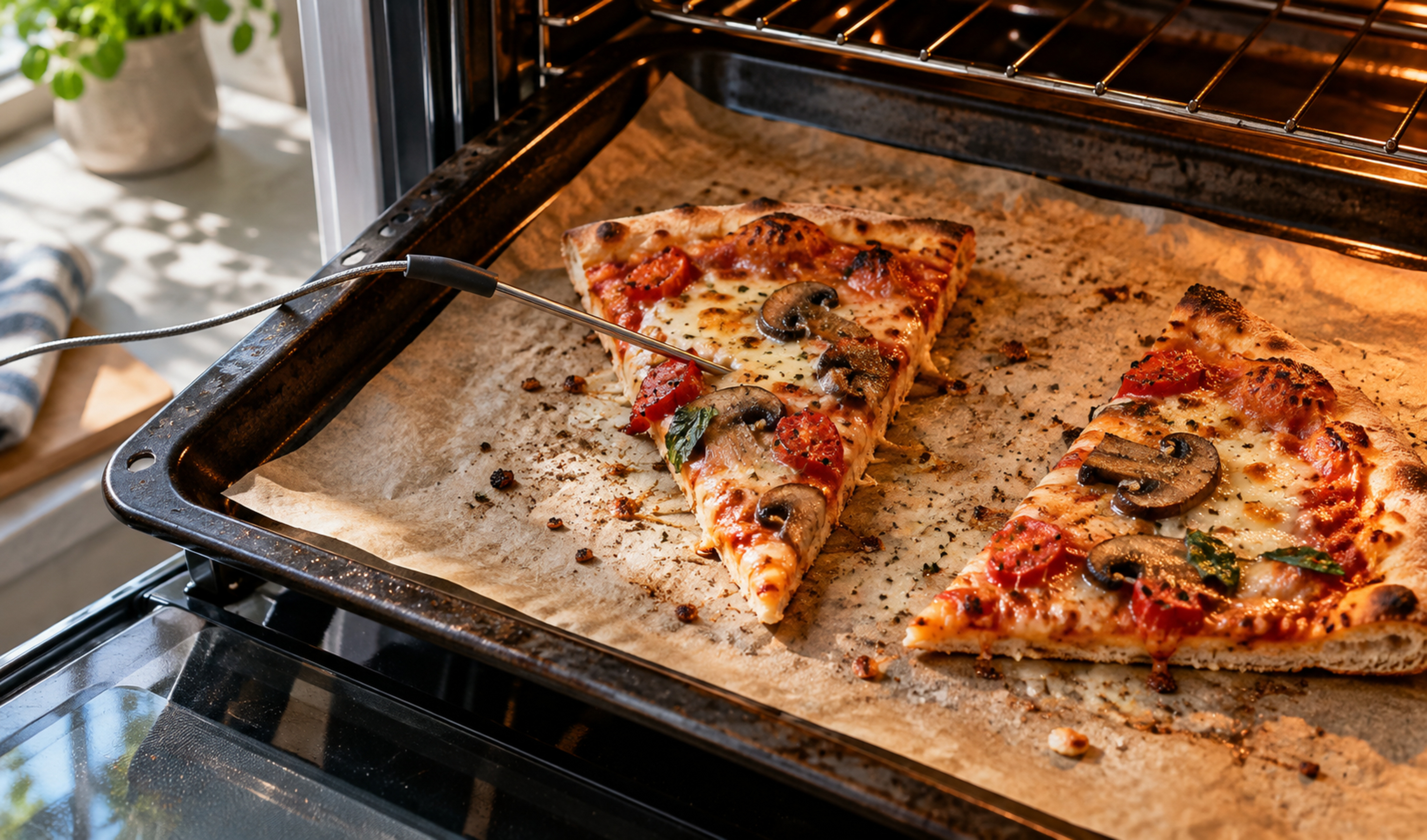 Pizzaszeletek újramelegítése sütőben maghőmérővel ellenőrizve