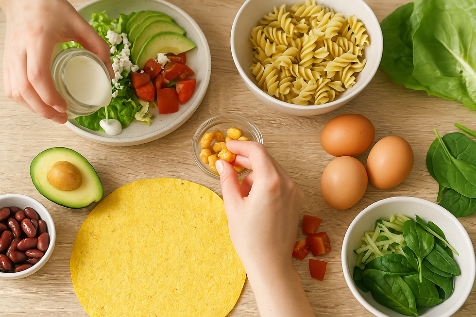Friss gluténmentes ebéd hozzávalók egy konyhapulton: avokádó, tojás, főtt tészta, salátalevelek, bab, tortilla, öntettel locsolt zöldségtál és ropogós snack kézzel szórva