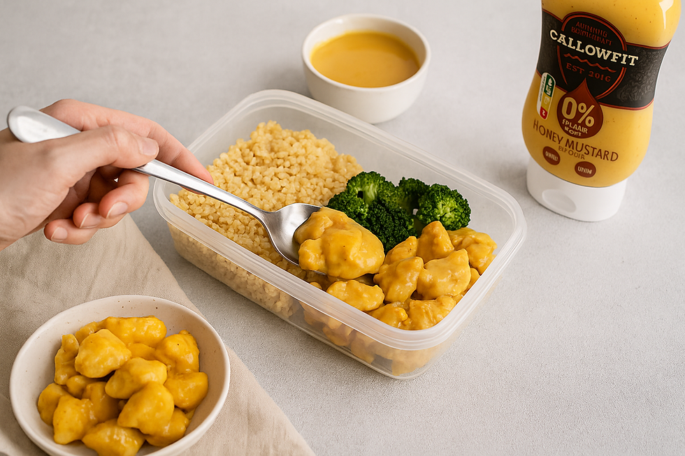 Mézes-mustáros csirkemell, quinoa és brokkoli meal prep dobozban, mellette Callowfit Honey Mustard szószflakon és egy kis tál mártás, világos konyhapulton tálalva.