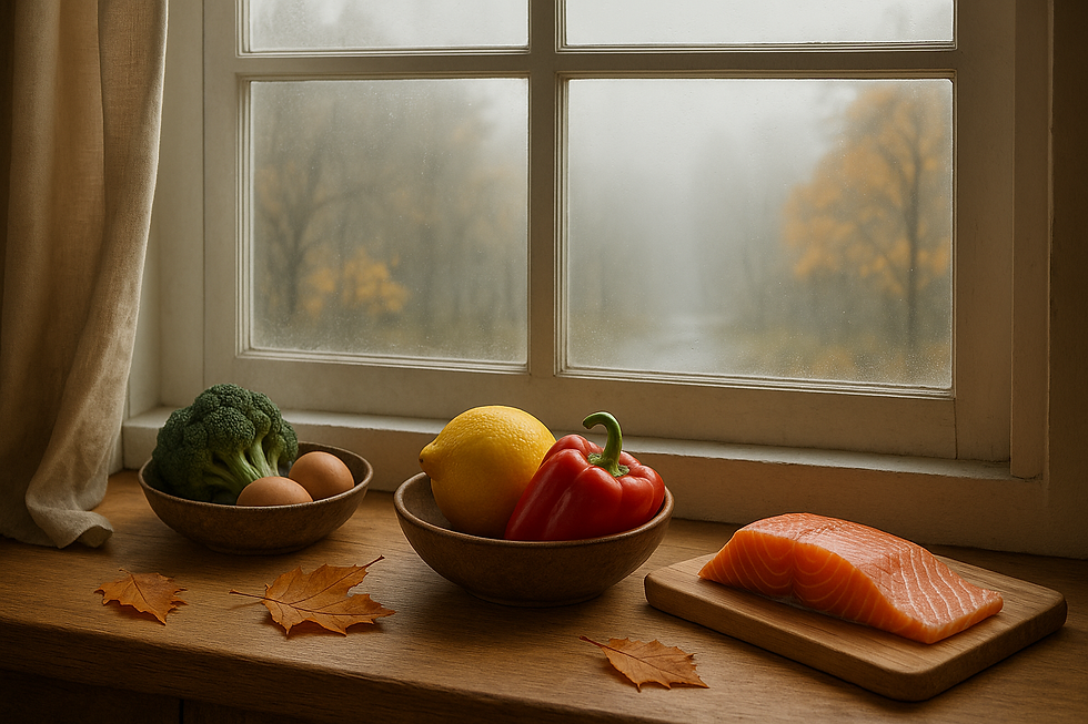 Ködös, késő őszi reggel egy ablakpárkányon lazaccal, citrommal, paprikával, brokkolival és tojással – természetes vitaminforrások őszi hangulatban.