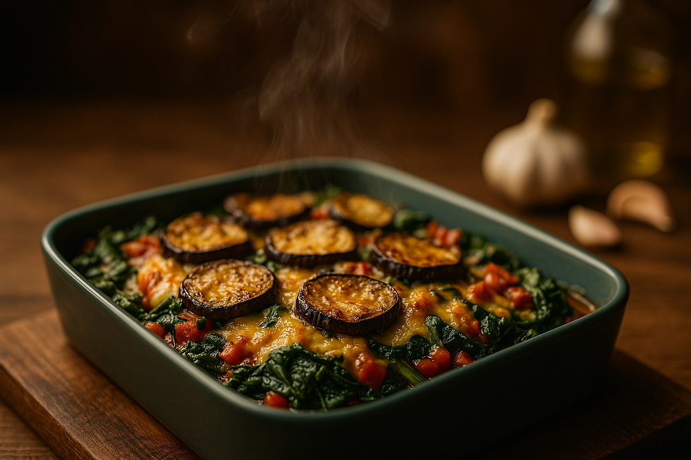 gőzölgő, diétás rakott padlizsán meleg vacsora egészséges hozzávalókkal, spenóttal és paradicsommal, faasztalon, meleg fényben